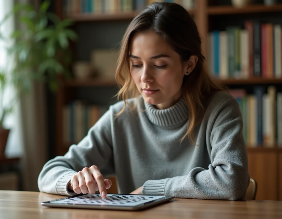 Femme adulte concentrée résolvant un puzzle Codycross sur tablette dans un bureau à domicile chaleureux