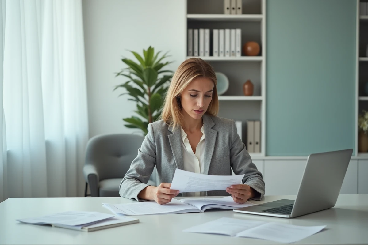 Femme consultant des documents juridiques lors d'une consultation gratuite chez le notaire pour un divorce ou une succession