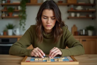 Jeune femme concentrée examinant ses lettres lors d'une partie de Scrabble, erreurs de débutant