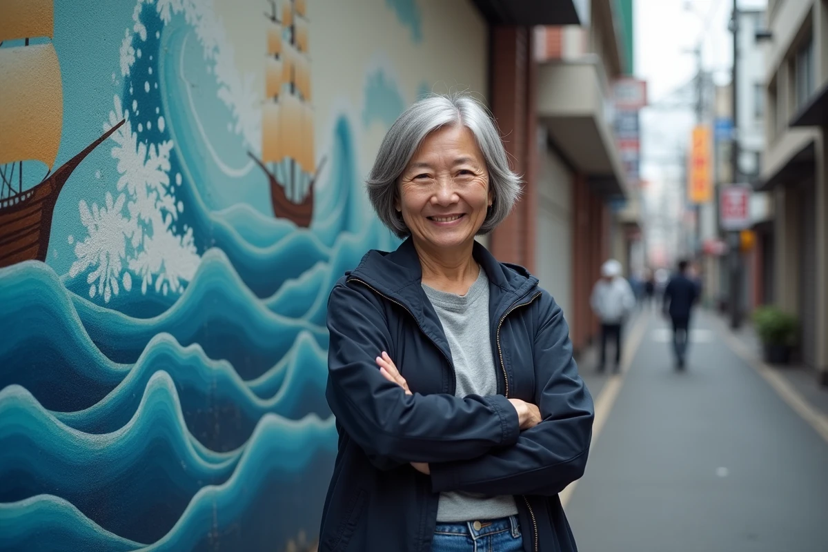 Femme aux cheveux grisonnants devant une fresque murale représentant des pirates et des vagues dans une ruelle japonaise