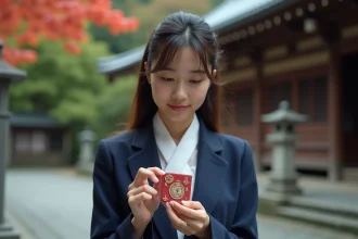 Jeune femme japonaise tenant un omamori de réussite devant un sanctuaire shinto à Kyoto
