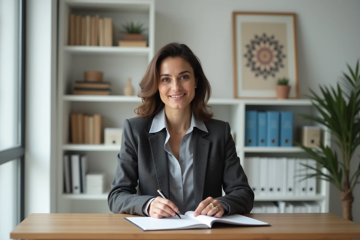 Femme politique d'origine marocaine travaillant dans un bureau moderne, incarnant l'héritage familial et l'engagement civique
