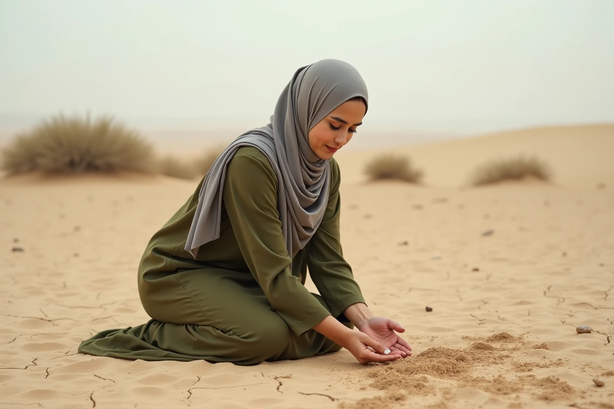 Femme pratiquant le tayammum en posant les mains sur la terre sèche dans un paysage désertique