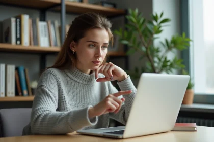 Femme analysant un site web suspect sur son ordinateur portable pour identifier une arnaque en ligne
