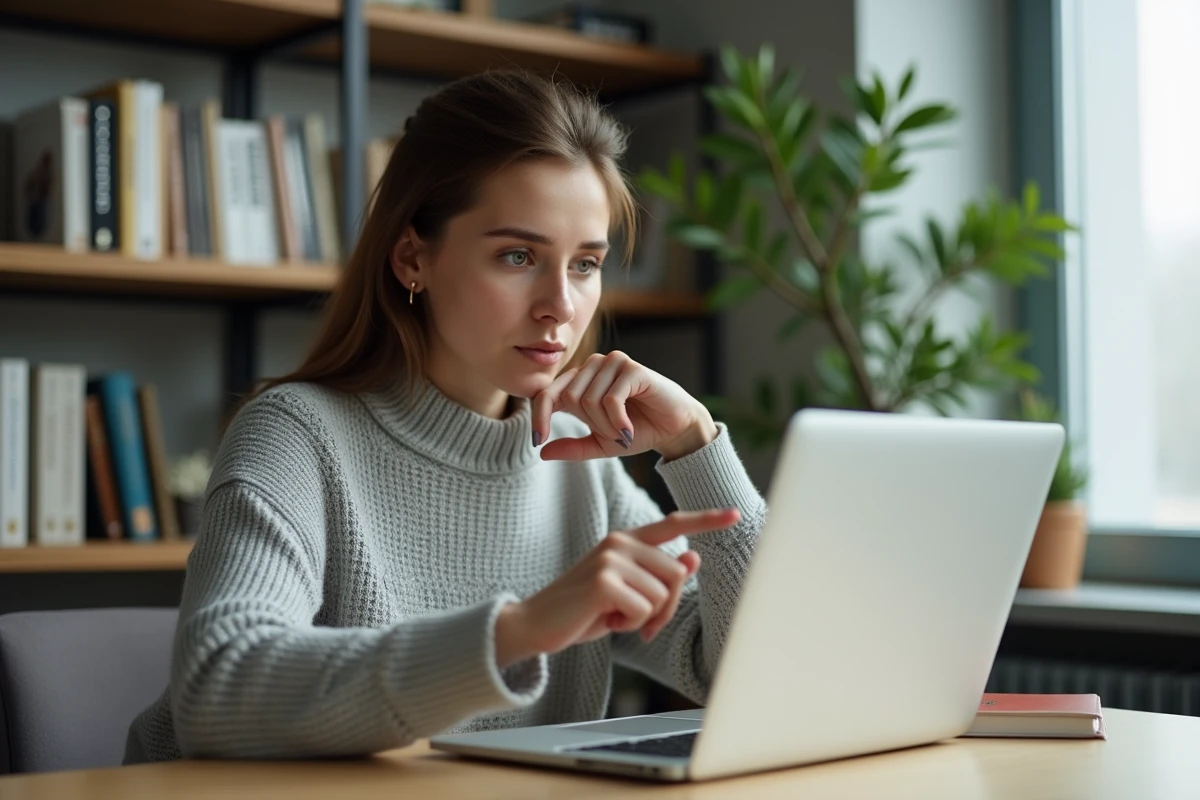 Femme analysant un site web suspect sur son ordinateur portable pour identifier une arnaque en ligne