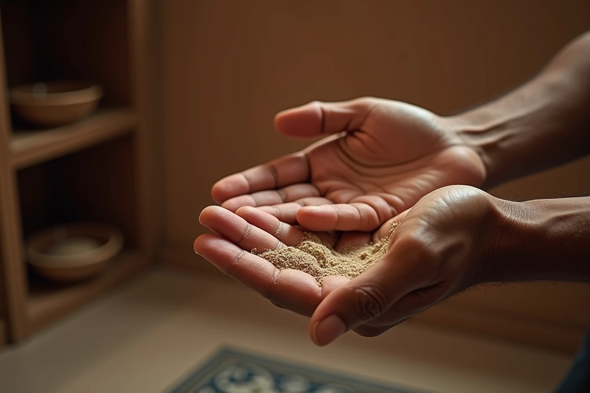 Gros plan sur les mains effectuant le geste rituel du tayammum avec du sable fin