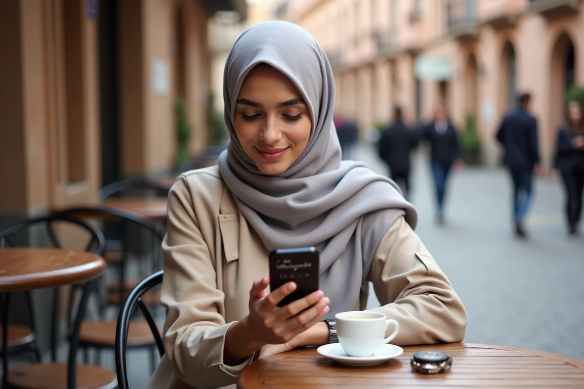 Femme musulmane consultant une application d'heures de prière sur smartphone en terrasse de café à Toulouse