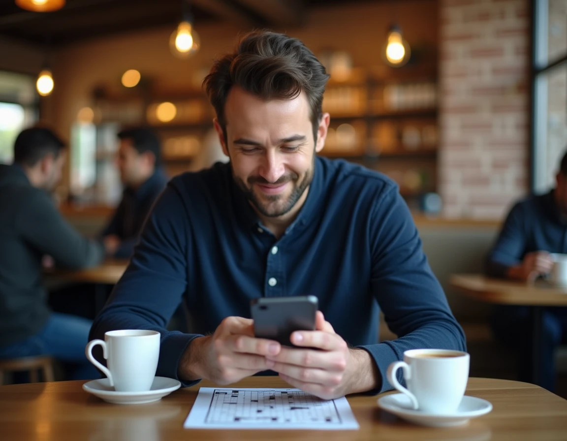 Homme utilisant son smartphone pour trouver un mot de passe Codycross avec une grille de mots croisés dans un café urbain