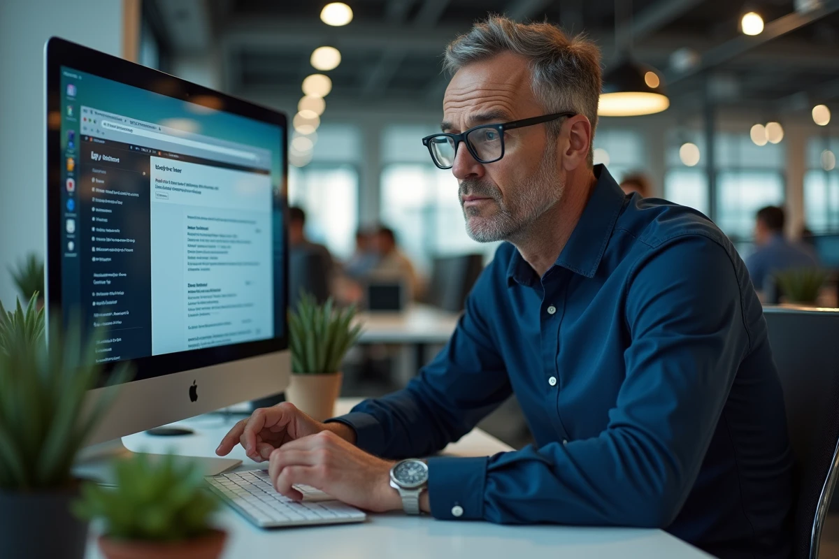 Homme en bureau comparant un vrai site et un faux site web sur son écran d'ordinateur