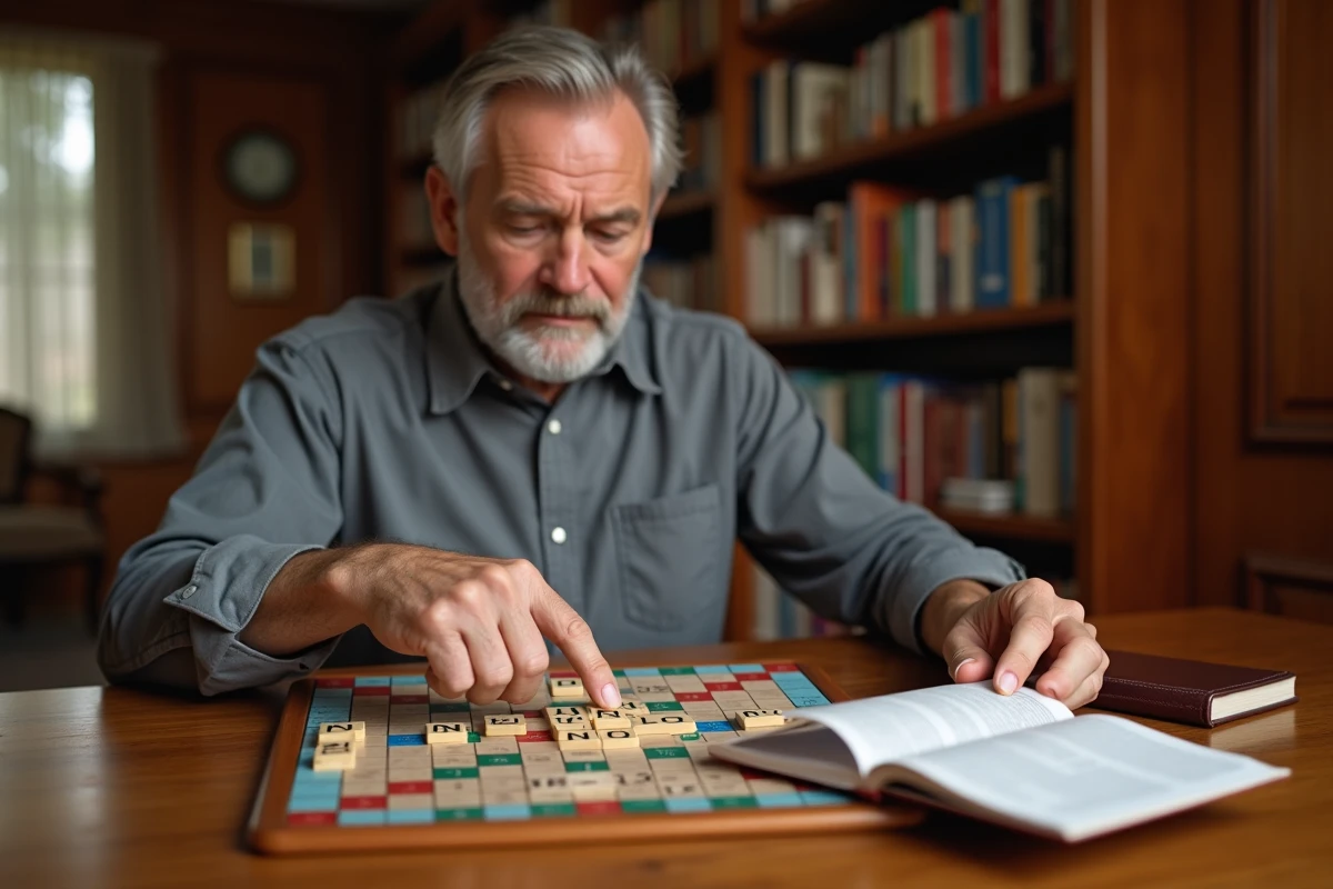 Homme d'âge moyen consultant un dictionnaire Scrabble pour corriger une erreur de placement de tuile