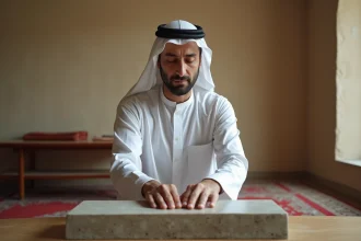 Homme effectuant le tayammum en posant les mains sur une pierre plate dans une salle de prière