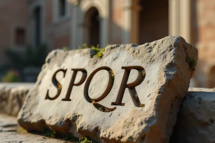 Inscription SPQR gravée sur une pierre antique romaine recouverte de mousse dans des ruines archéologiques