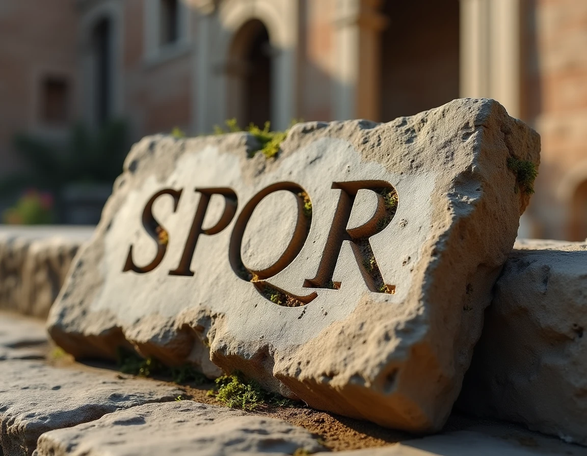 Inscription SPQR gravée sur une pierre antique romaine recouverte de mousse dans des ruines archéologiques