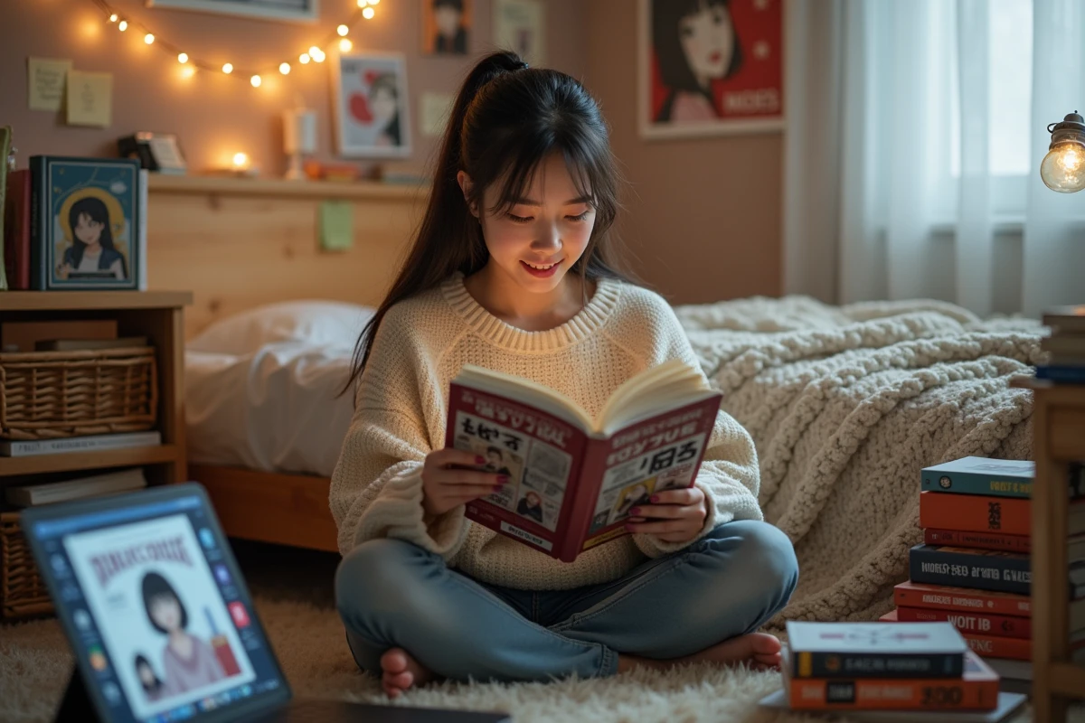 Jeune femme lisant un manga yaoi entourée de volumes et d'écrans de lecture en ligne