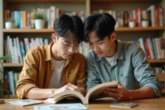 Deux jeunes hommes feuilletant des mangas Boy's Love dans une librairie indépendante