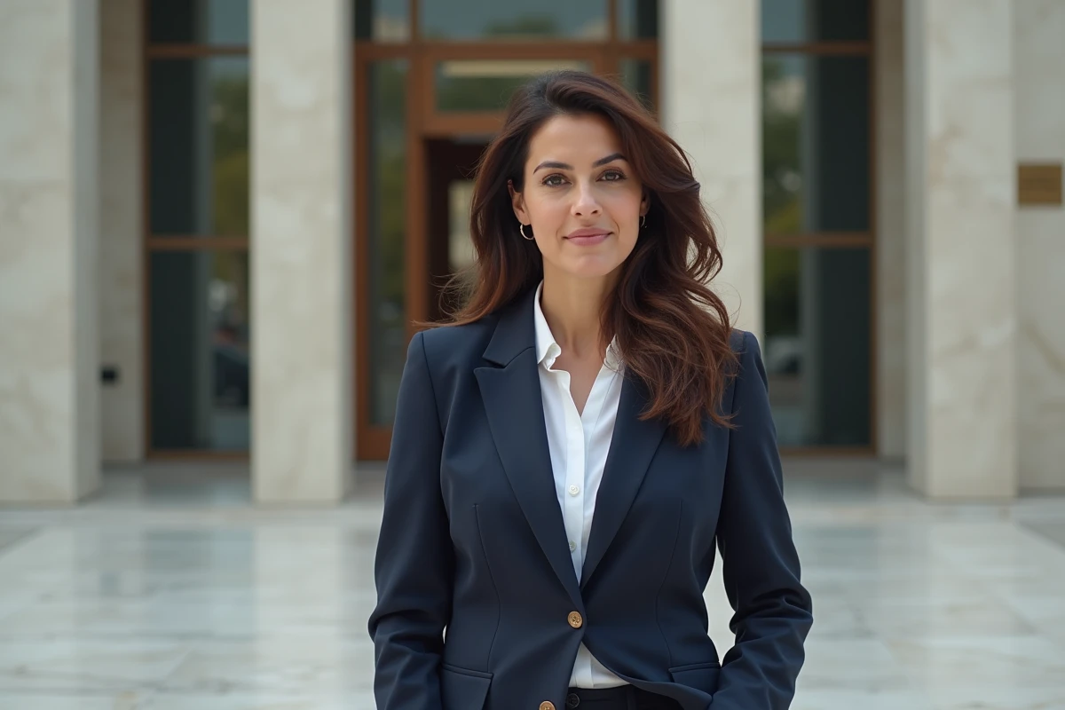 Femme d'origine maghrébine en blazer marine devant un bâtiment institutionnel, illustrant l'engagement politique de Najwa El Haïté