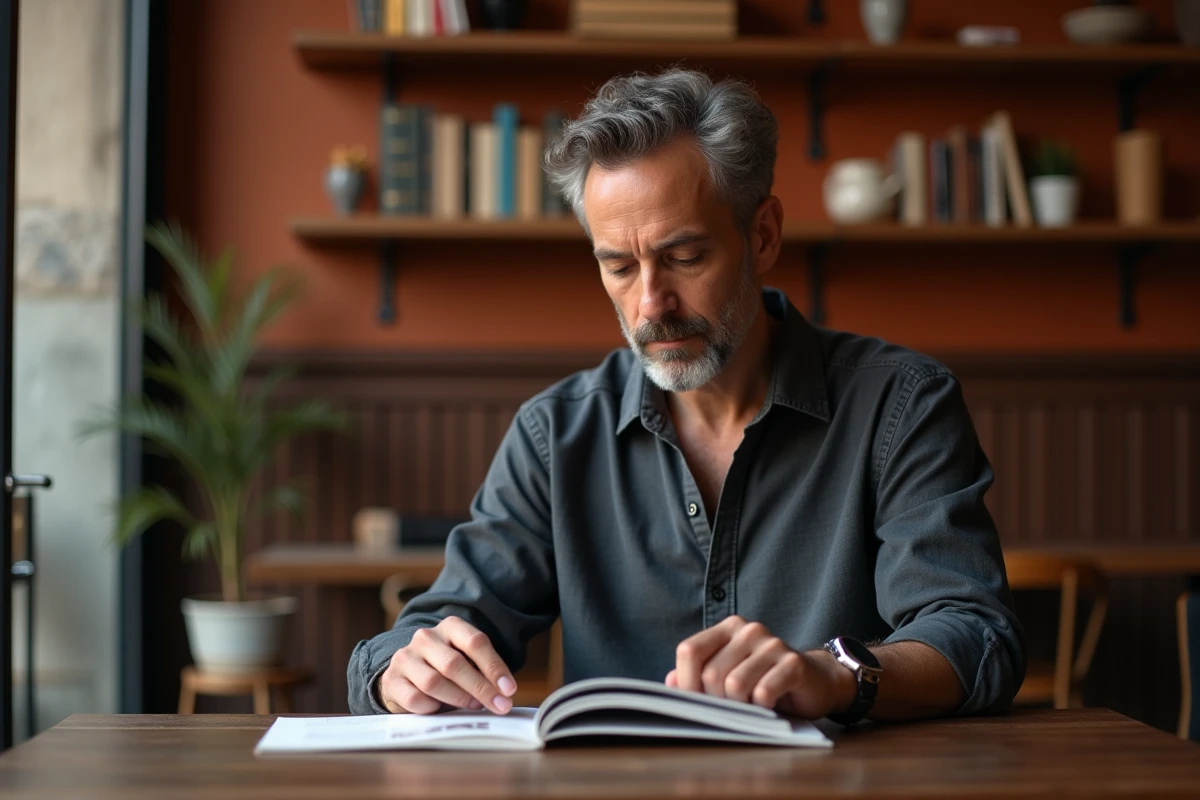 Homme parcourant un livre dans un café parisien authentique, ambiance éditoriale et décor chaleureux