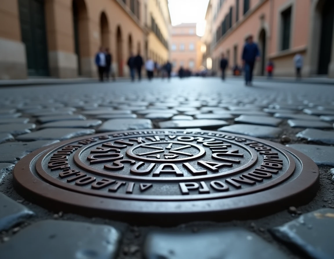 Plaque de fonte SPQR intégrée dans les pavés d'une rue romaine avec une piazza en arrière-plan flou