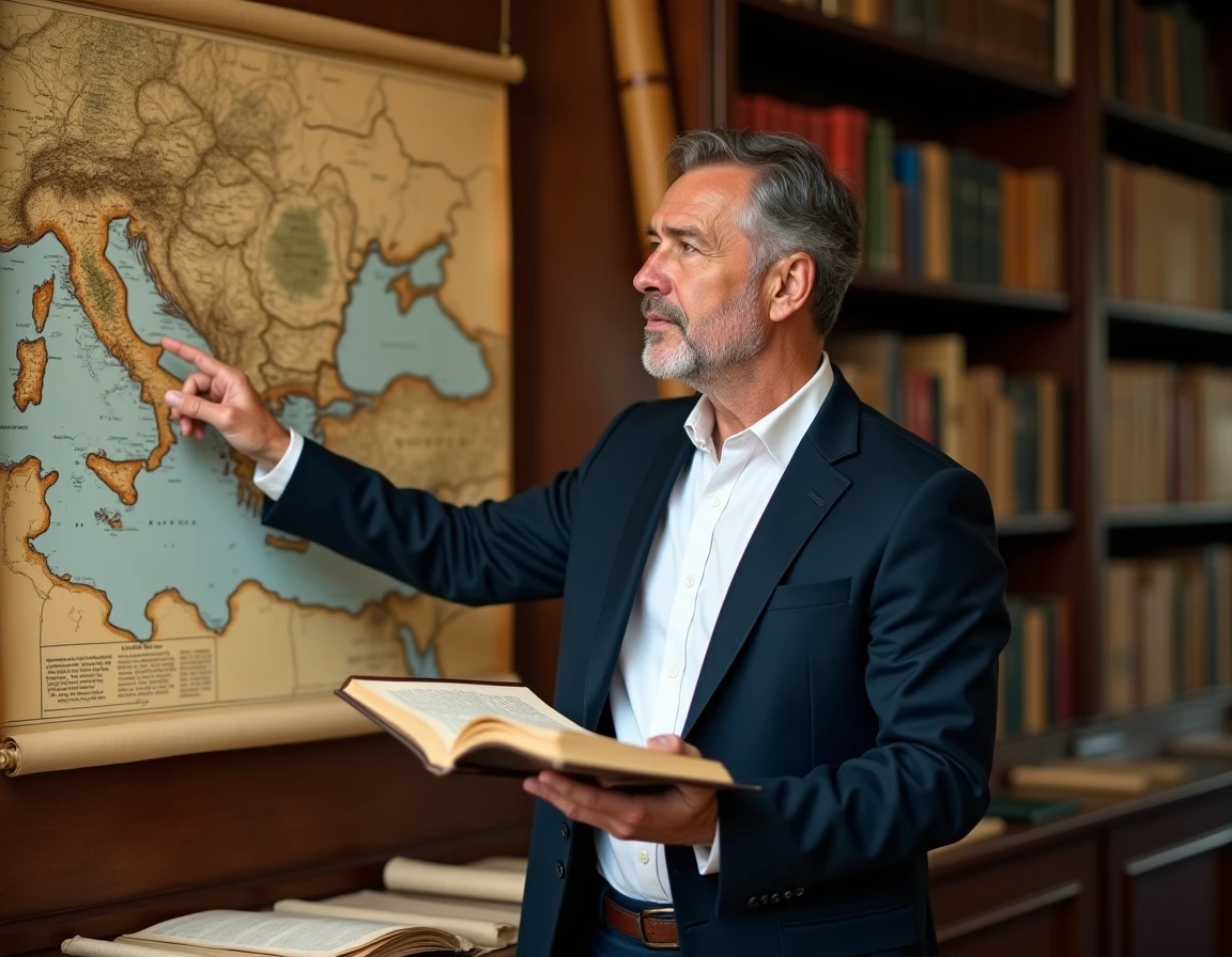 Professeur d'histoire expliquant la signification de SPQR devant une carte de l'Empire romain dans un bureau universitaire