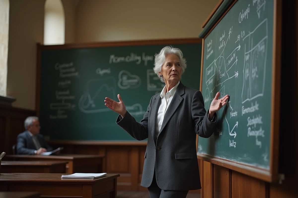 Professeure de relations internationales expliquant les théories du hard power au tableau dans un amphithéâtre universitaire traditionnel, avec des diagrammes géopolitiques et des références aux grands théoriciens