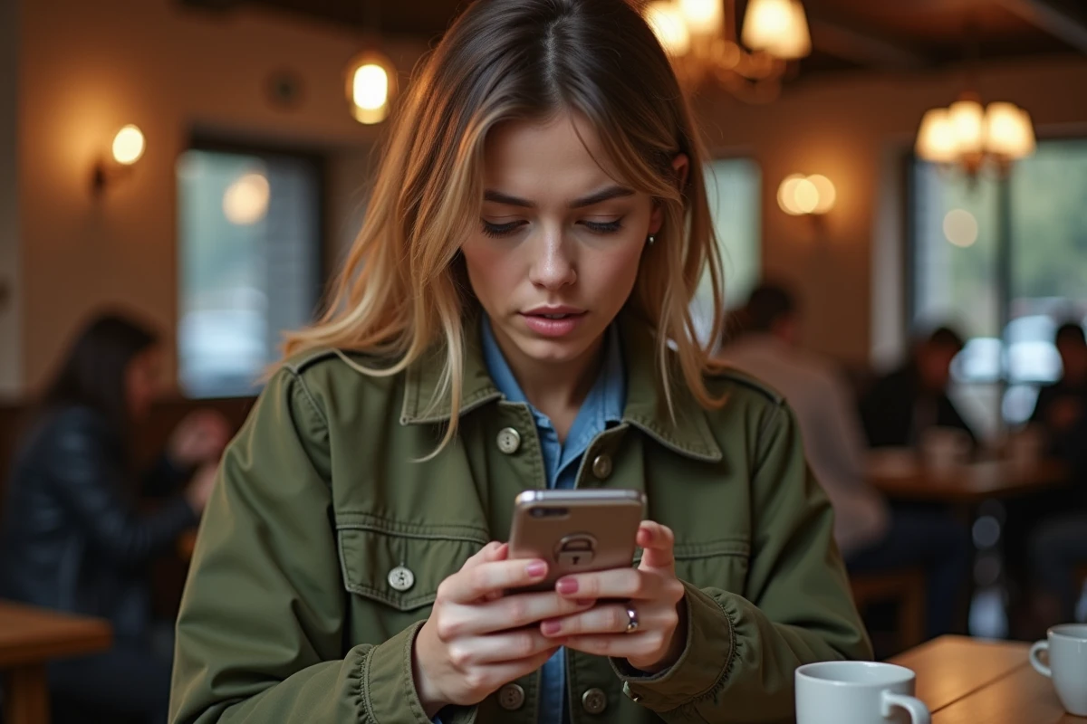 Jeune femme vérifiant l'authenticité d'un site web sur son smartphone dans un café