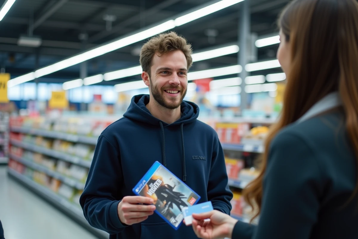 Jeune homme payant un jeu vidéo Battlefield 6 à la caisse Leclerc avec une carte fidélité