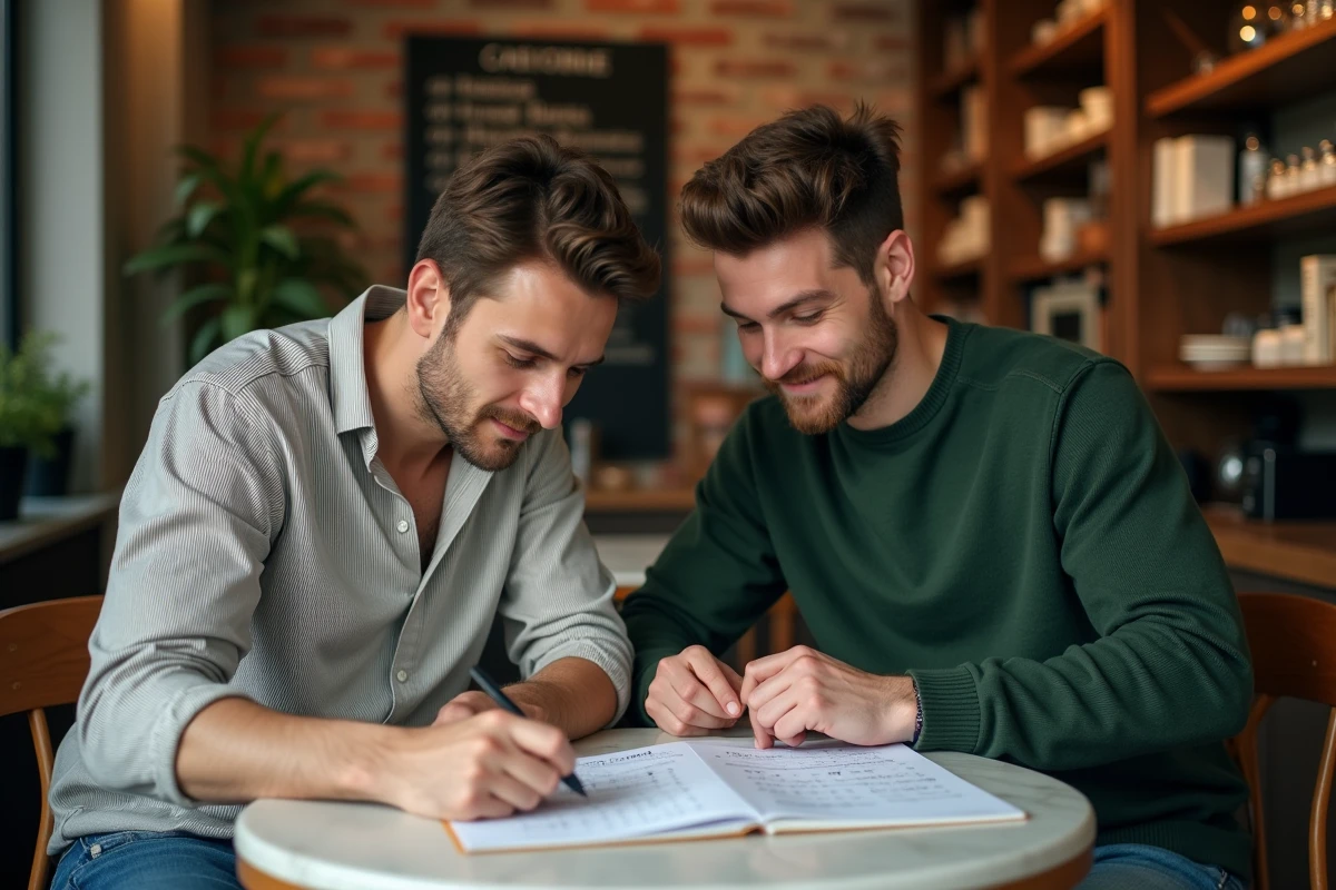 Deux amis collaborant sur une grille Codycross et cherchant le mot de passe du jour dans un café
