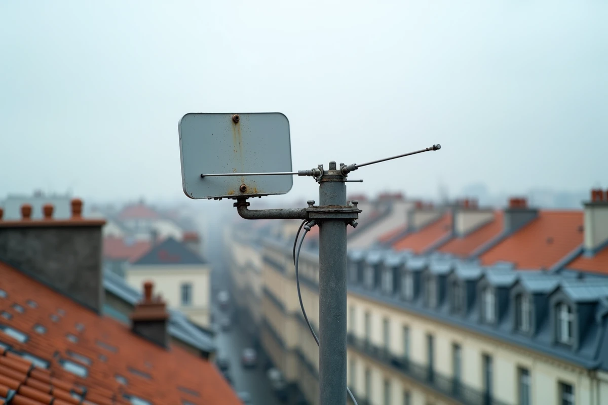 Antenne TNT traditionnelle sur un toit parisien avec toits haussmanniens en arrière-plan