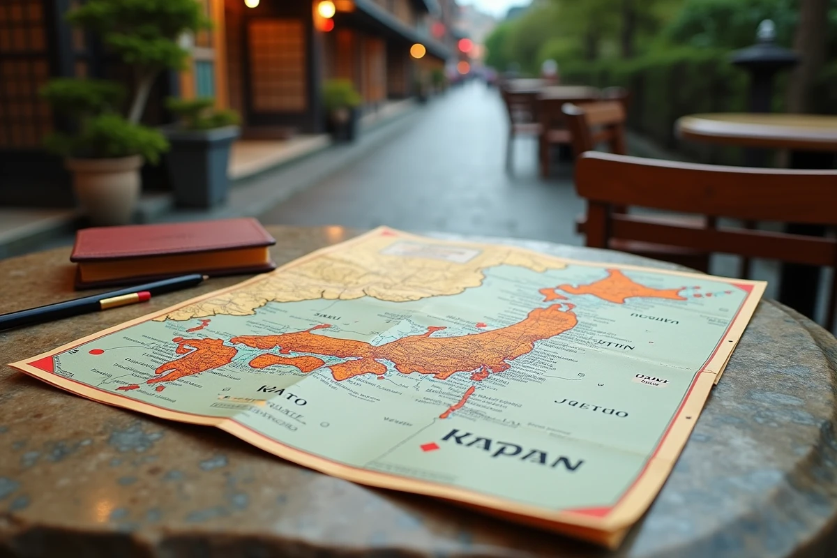 Carte vintage des villes du Japon dépliée sur une table de café à Kyoto avec noms de villes entourés en rouge et notes de mots croisés manuscrites