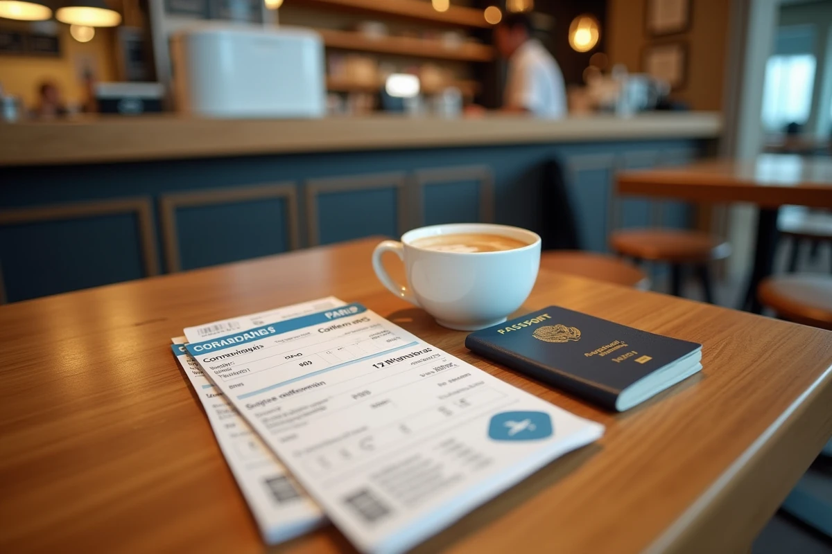 Cartes d'embarquement et itinéraire de vol vers La Réunion sur une table de café d'aéroport