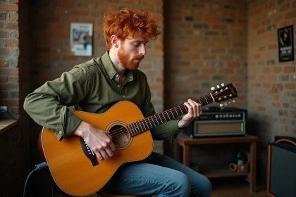 Jeune chanteur anglais roux jouant de la guitare acoustique dans une salle de répétition intimiste avec affiches de concerts vintage