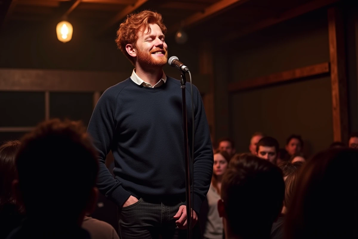 Chanteur roux britannique se produisant sur scène dans une salle de concert underground devant un public clairsemé