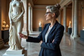 Conservatrice de musée devant une statue de déesse grecque en marbre, illustrant les erreurs fréquentes sur la mythologie grecque