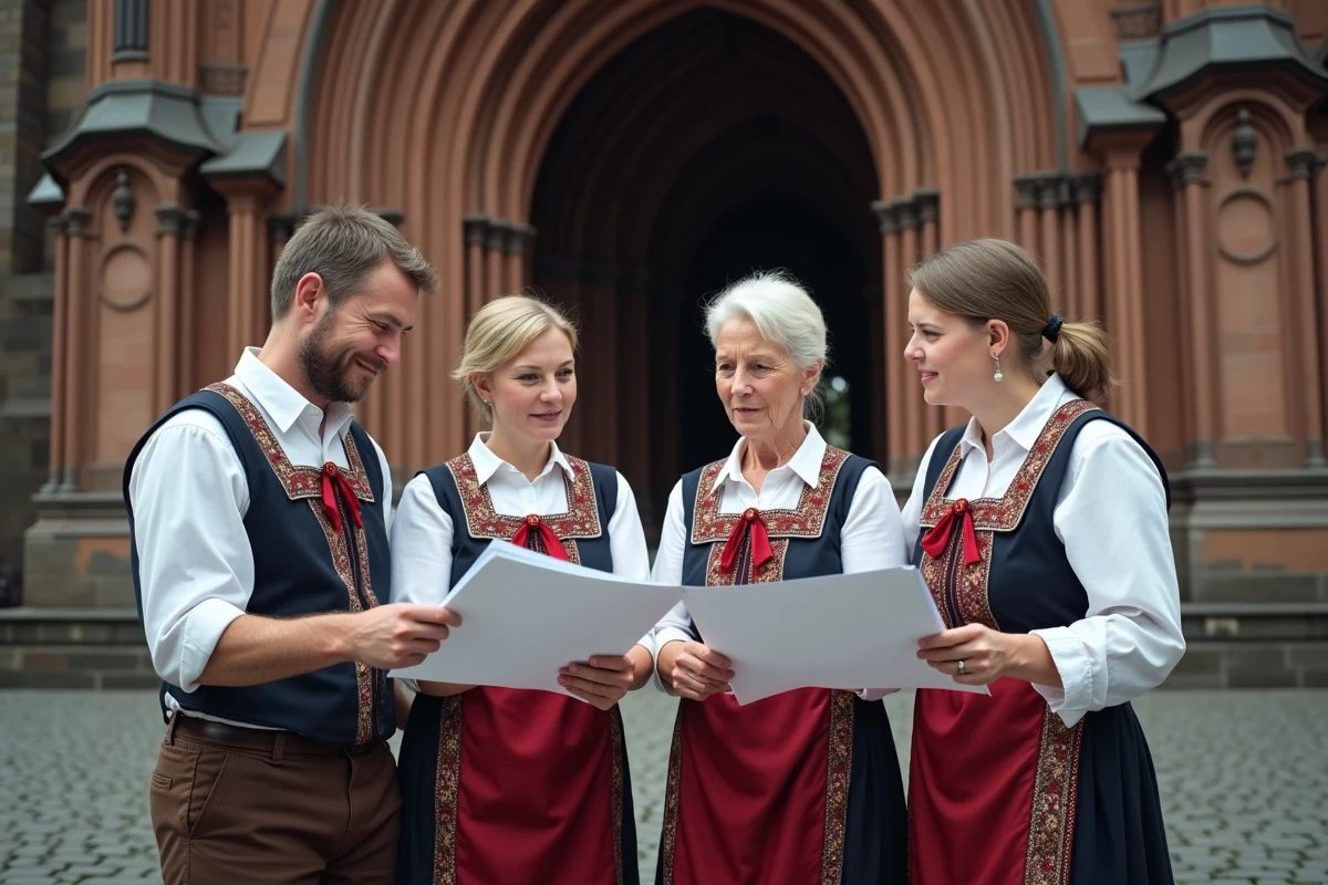 Groupe en costume alsacien répétant La Strasbourgeoise devant la cathédrale de Strasbourg