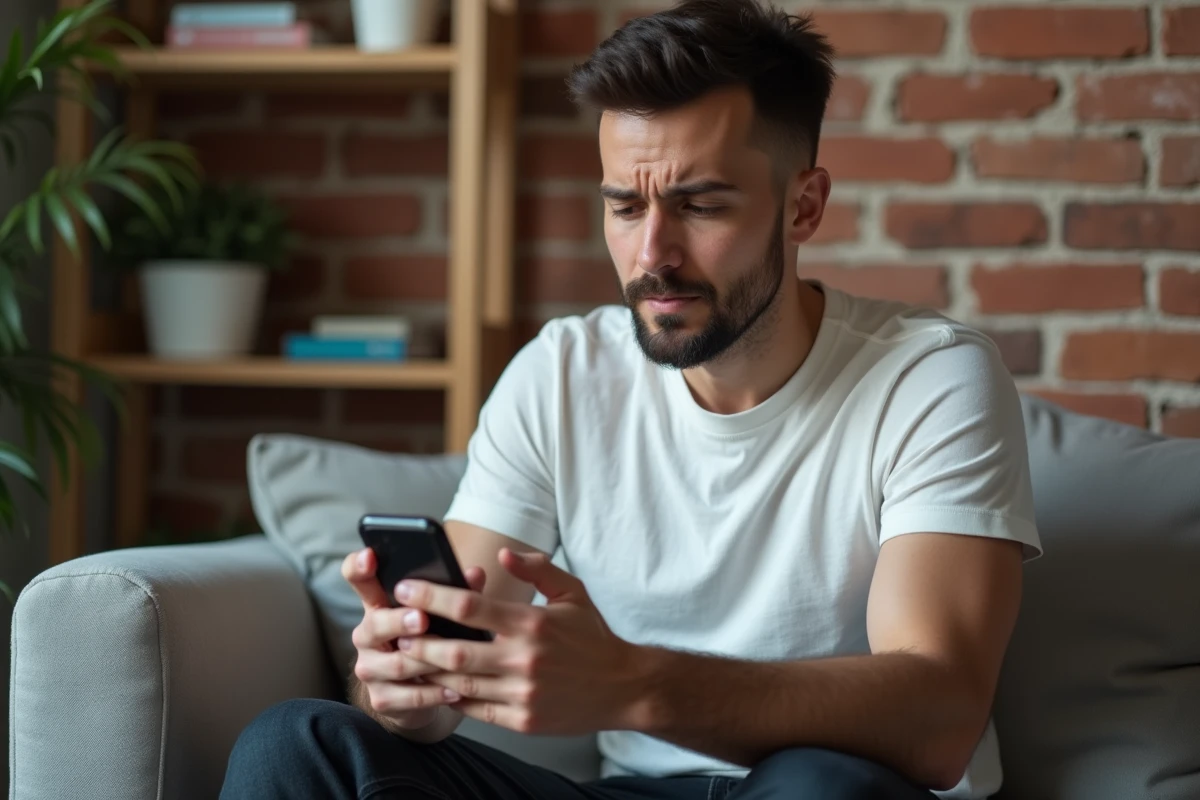 Entrepreneur tenant un smartphone avec un compte TikTok business aux abonnés artificiels et taux d'engagement anormalement bas