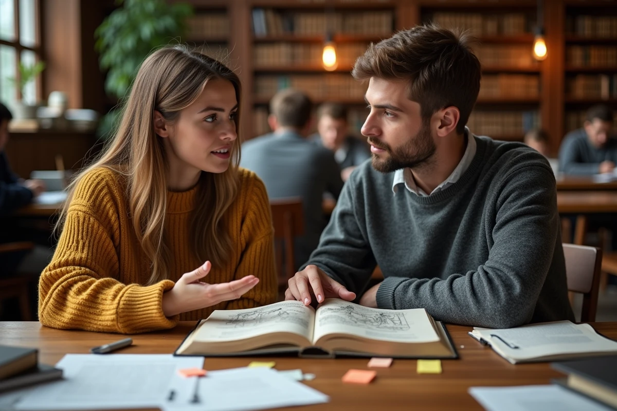 Deux étudiants universitaires discutant de mythologie grecque et des idées reçues sur les déesses dans une bibliothèque académique