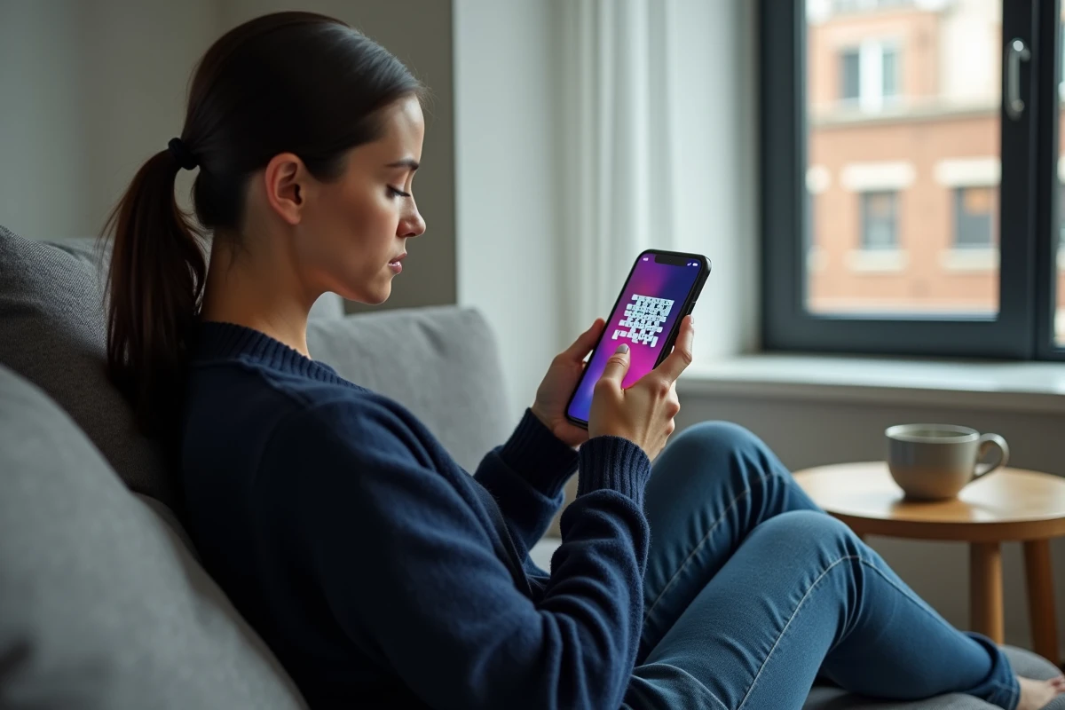 Femme utilisant une application de mots croisés Codycross sur smartphone dans son salon