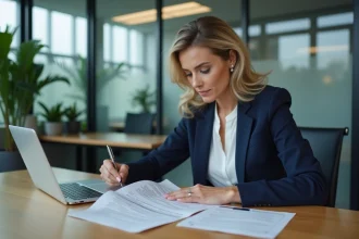 Femme cadre en veste marine examinant un contrat d'assurance professionnelle dans un bureau moderne