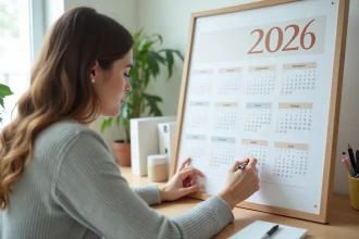 Femme organisant ses rendez-vous sur un calendrier 2026 avec semaines paires et impaires, à son bureau à domicile
