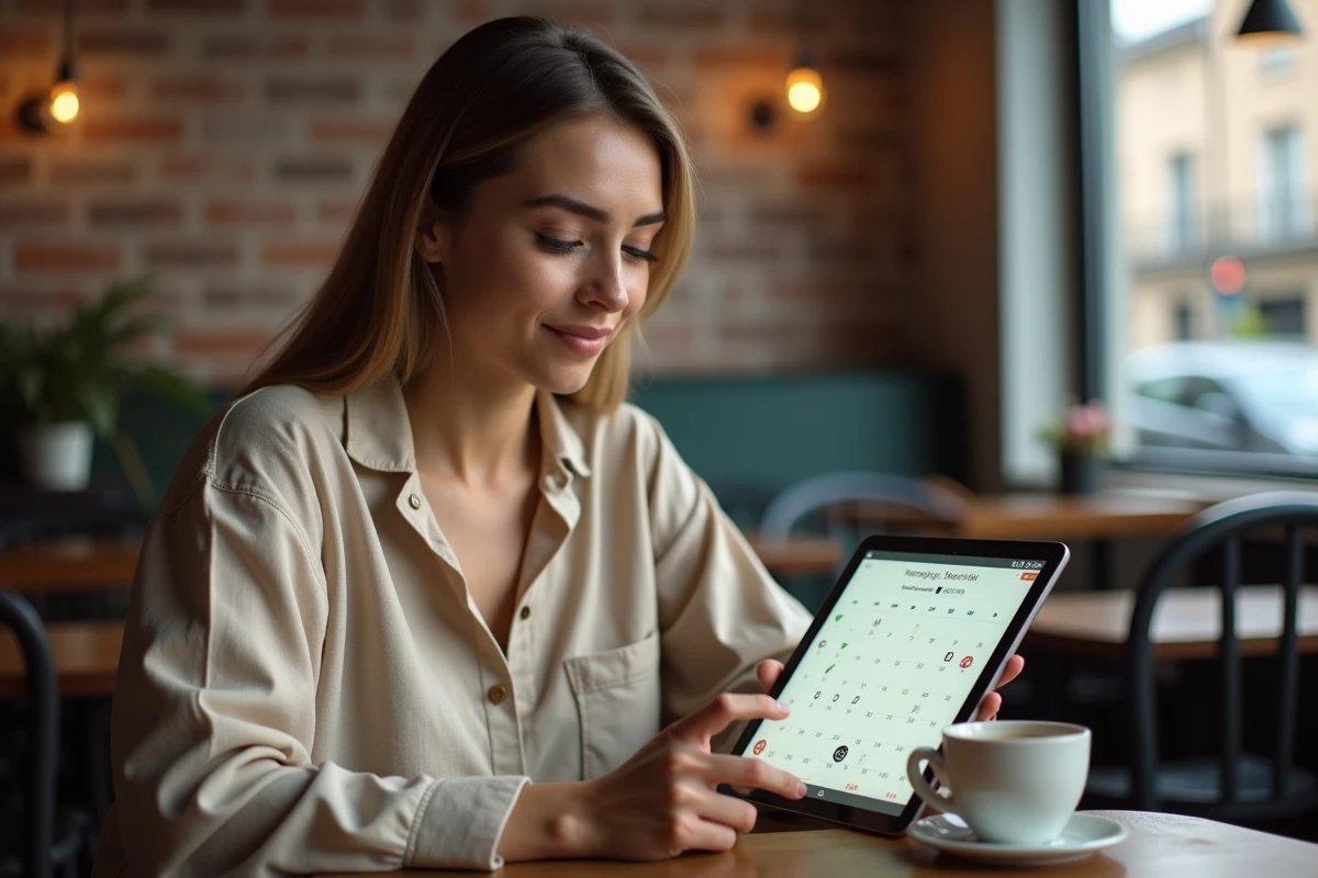 Jeune femme consultant un calendrier numérique 2026 avec semaines paires et impaires dans un café urbain