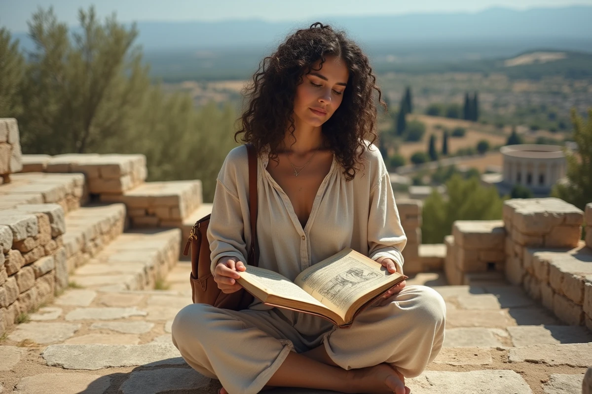 Femme étudiant la mythologie grecque sur un site archéologique antique, carnet illustré représentant des déesses comme Athéna et Héra
