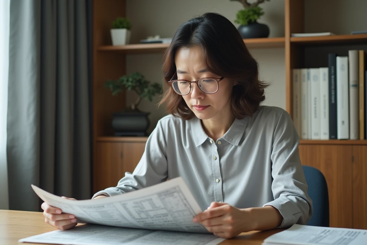 Femme japonaise d'âge mûr résolvant des mots croisés dans un appartement de Tokyo avec décor minimaliste et bonsaï en arrière-plan