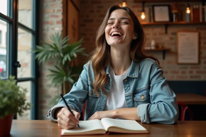 Jeune femme chantant les paroles de Elle me dit de Mika dans un café parisien avec un carnet de paroles annoté