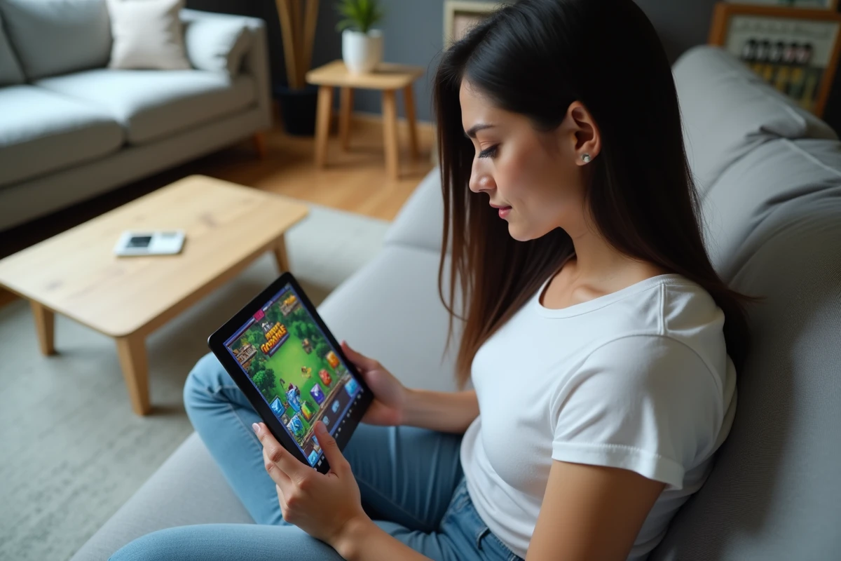 Femme consultant une tablette pour comprendre les règles d'exclusion d'un club dans Monopoly Go