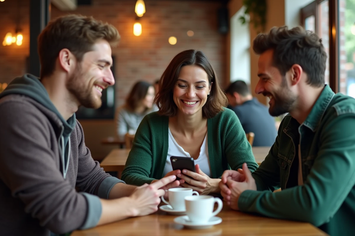 Groupe d'amis dans un café discutant d'une exclusion de club sur un jeu mobile de plateau