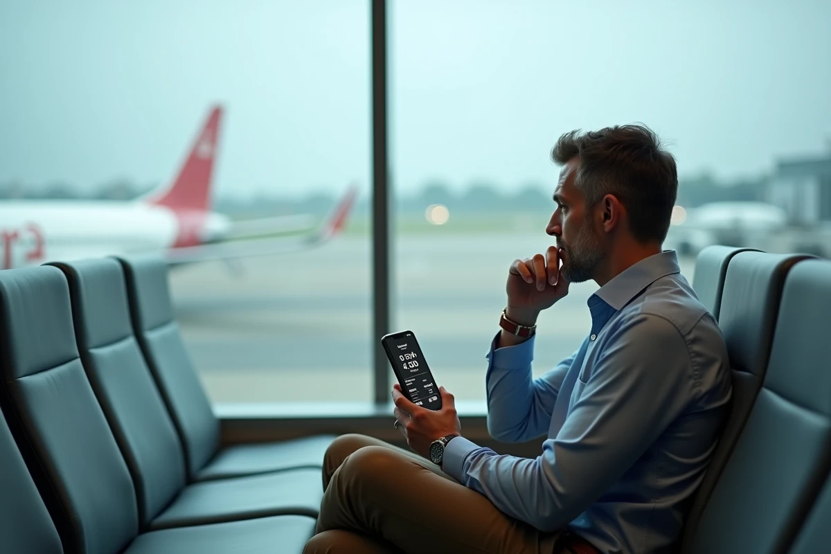 Homme consultant l'heure de La Réunion sur son smartphone dans un salon d'aéroport