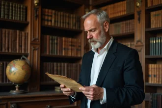 Historien examinant un document ancien sur l'hymne strasbourgeois dans une bibliothèque alsacienne