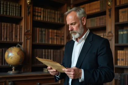 Historien examinant un document ancien sur l'hymne strasbourgeois dans une bibliothèque alsacienne