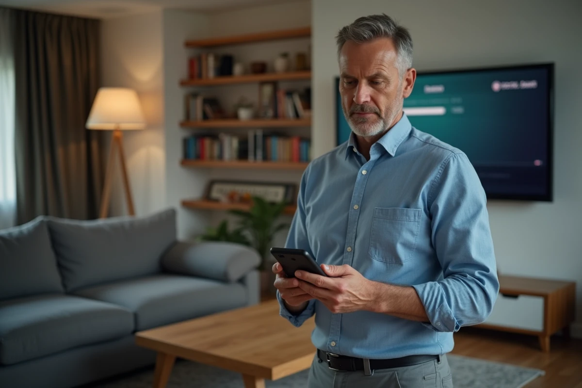 Homme consultant la disponibilité de la TNT sur smartphone dans son salon avec télévision murale