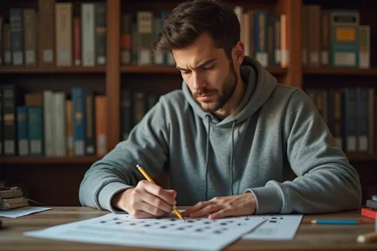 Homme résolvant une grille de mots croisés Codycross à son bureau avec un crayon à la main